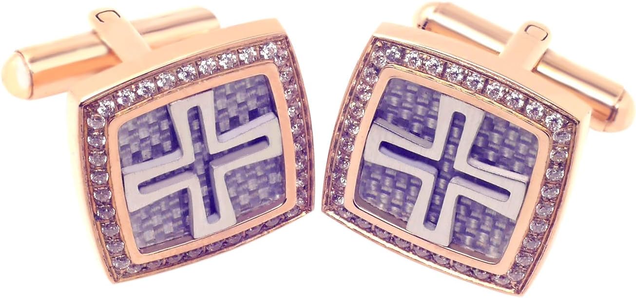 Carbon Fiber Prong Setting Cubic-zirconia Cross Stainless Steel Cufflinks (Rose gold+white)
