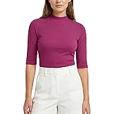 Zengjo Womens Mock Turtleneck Elbow Sleeve Tops - Fitted Stretch Ribbed Shirt for Work & Casual Wear