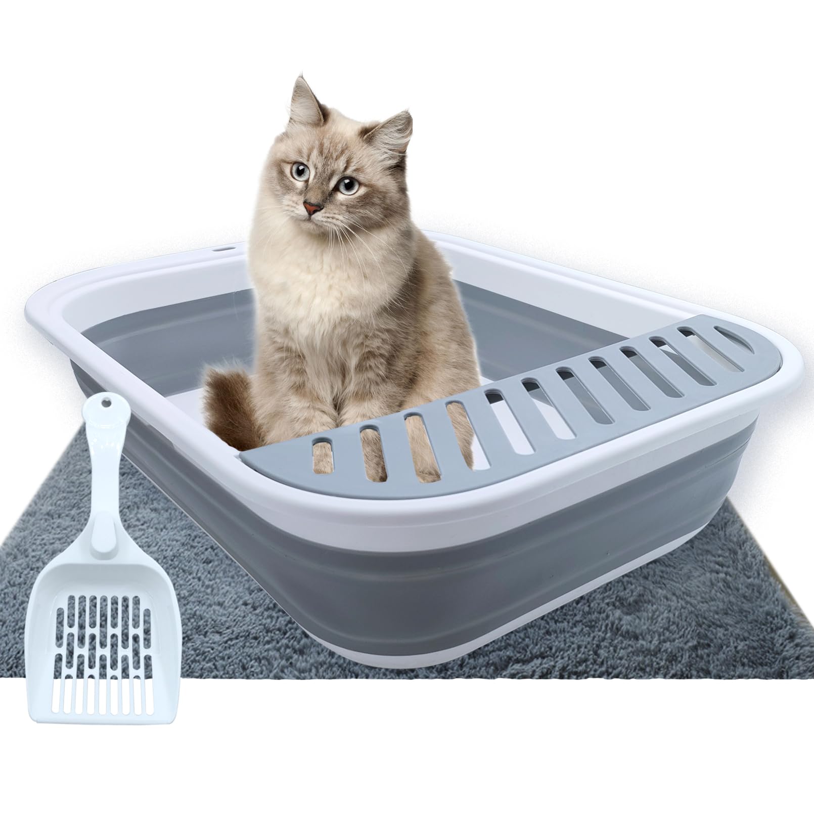 Photo 1 of MUYG Collapsible Small Cat Litter Box,Open Top Cats Litter Pan with Scoop Waterproof & Foldable Kitten Potty Toilet Anti-Splashing Low Entry Kitty Travel Litter Tray Semi-Enclosed Easy Clean(Gray)