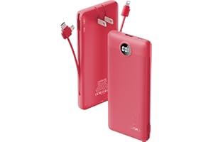 Portable Charger Built-in Cables and AC Wall Plug, VRURC USB C Power Bank 10000mAh, Travel Battery Portable Phone Charger Compact Lightweight External Battery Pack for SmartPhones,Tablets-Viva Magenta