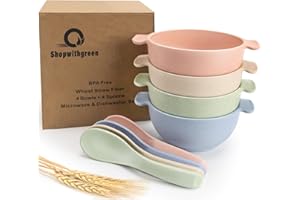 Shopwithgreen Eco-Friendly Bowls and Utensils Set for Toddlers, Wheat Straw Kids Cereal Bowls and Spoons Set, Anti-Scald & Br