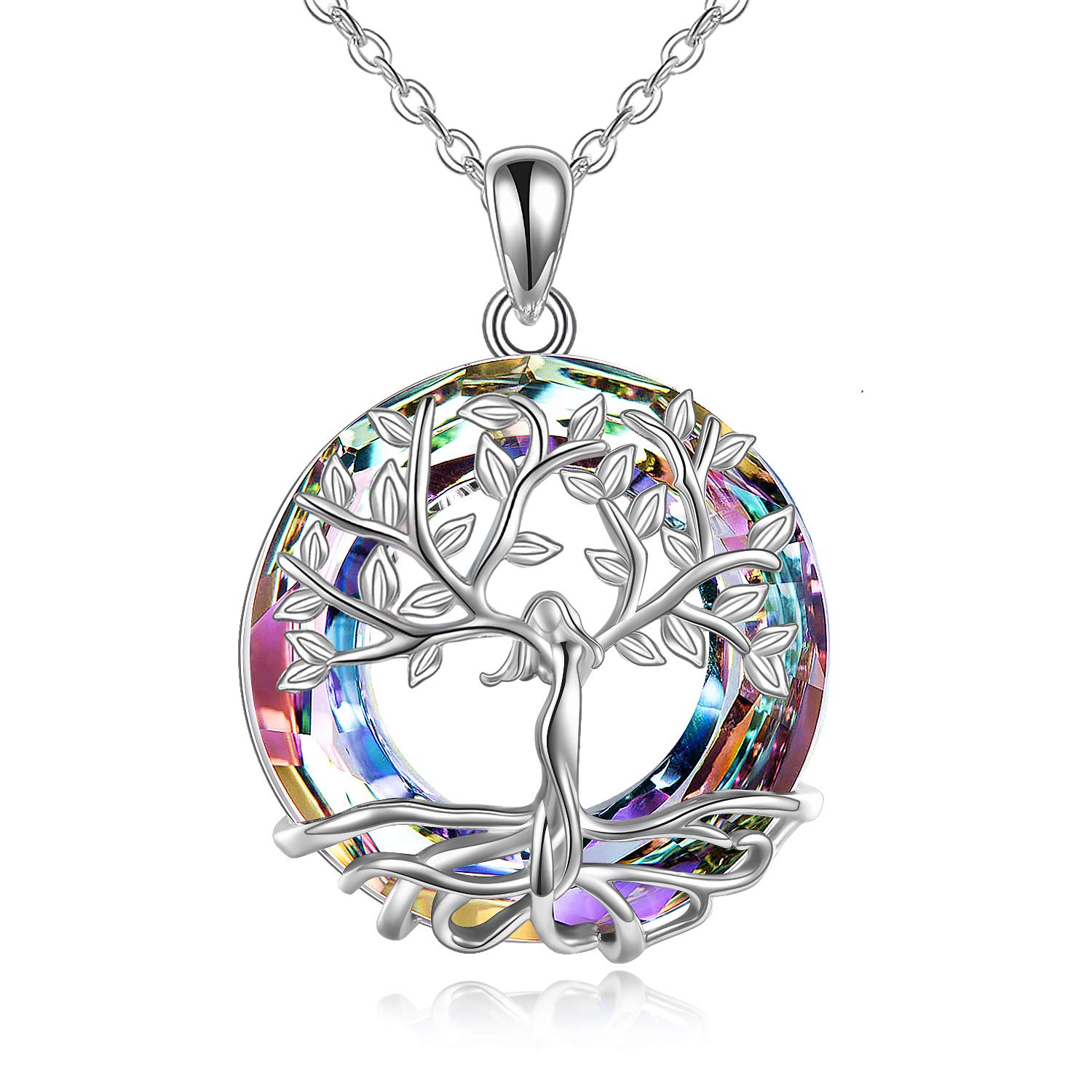 AOBOCO Tree of Life Necklace for Women 925 Sterling Silver Pendant with Crystal, Fine Jewellery Gifts for Wife, Mum and Girlfriend (Purple)