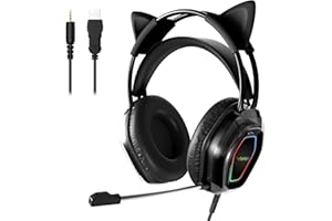 Wantek Cat Ear Gaming Headset with RGB Lights, Noise Canceling Mic, 50mm Drivers Surround Sound - Wired Over-Ear Headphones f