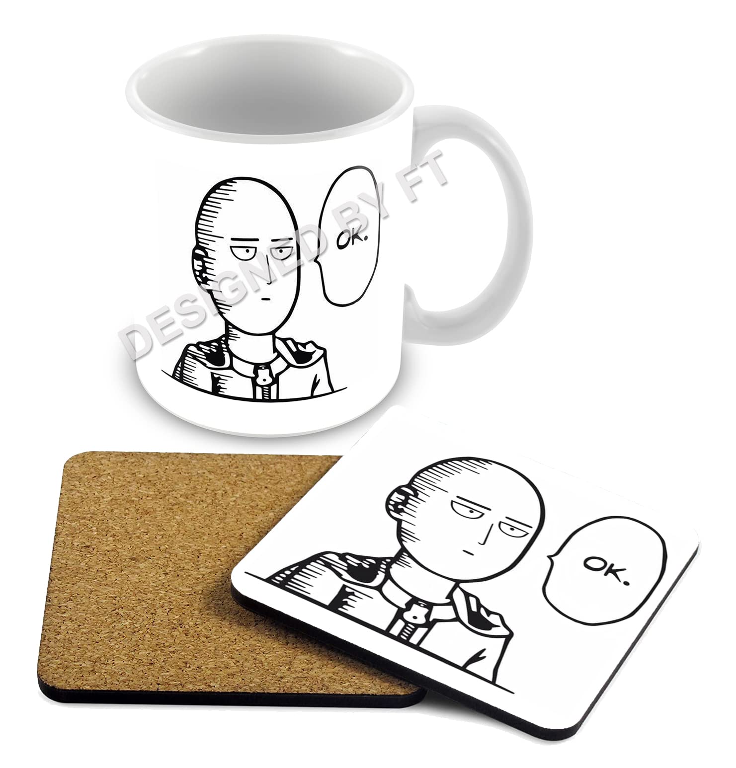 Saitama One Punch Man Ok Mug and Coaster Set by FT.