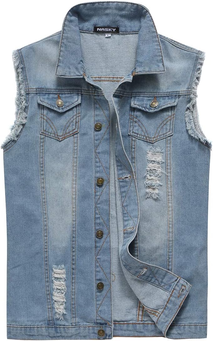 NASKY Mens Fit Retro Ripped Demin Jeans Gilets Jacket Vest Waistcoat Top Vest