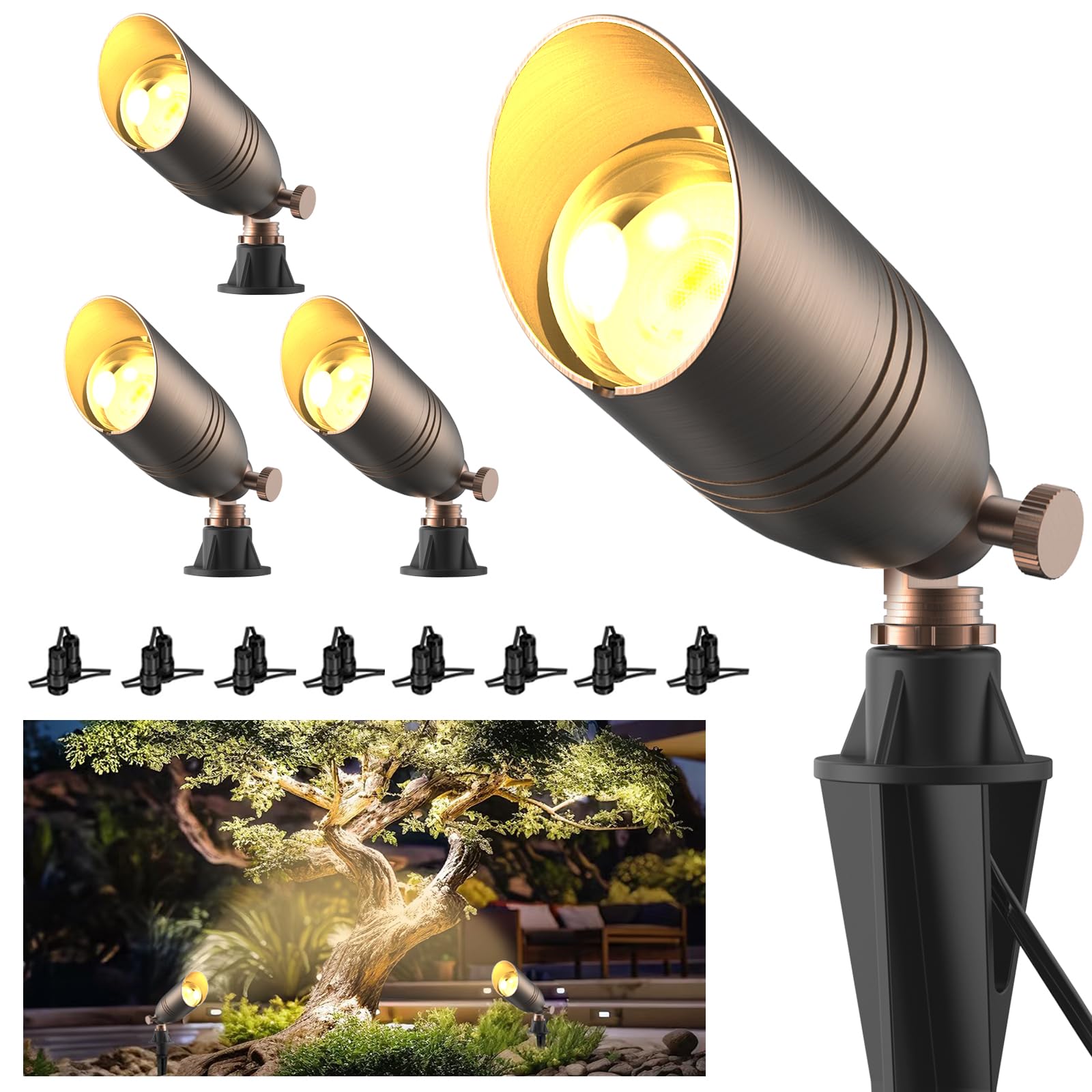 Photo 1 of Solid Brass 12V Low Voltage Wired Landscape Lighting,Heavy-Duty Waterproof Outdoor Electric LED Spotlights Fixtures for Yard, Tree & Garden, Bronze Uplights, MR16 Bulb Not Included (Classic, 4 Pack)