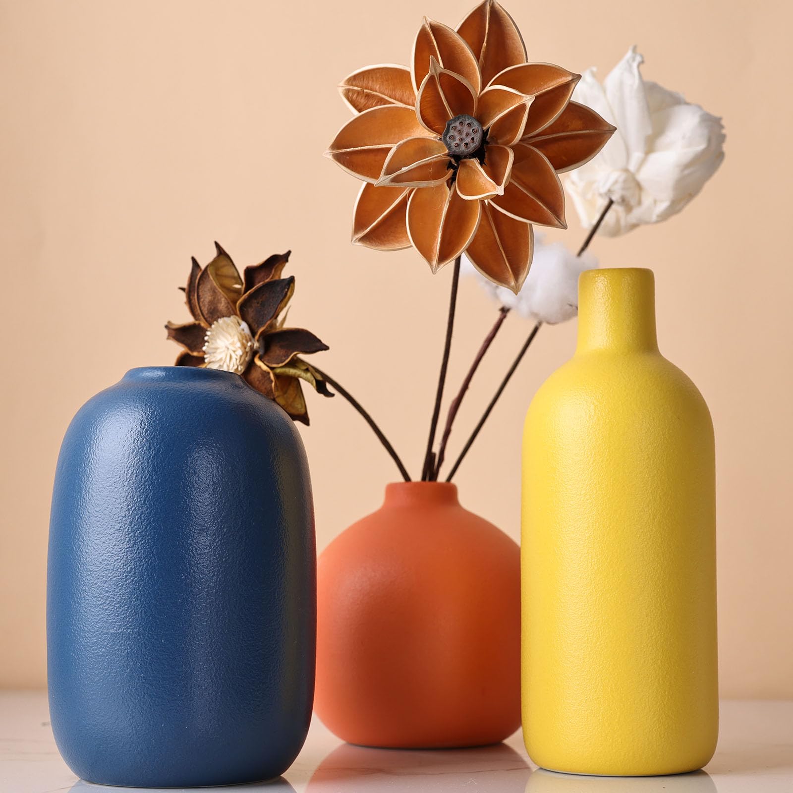 Ceramic Vase Set of 3, Small Flower Vases for Rustic Home Decor, Modern Farmhouse, Living Room, Shelf, Table, Bookshelf, Mantel and Entryway - Yellow, Orange, Blue (A)
