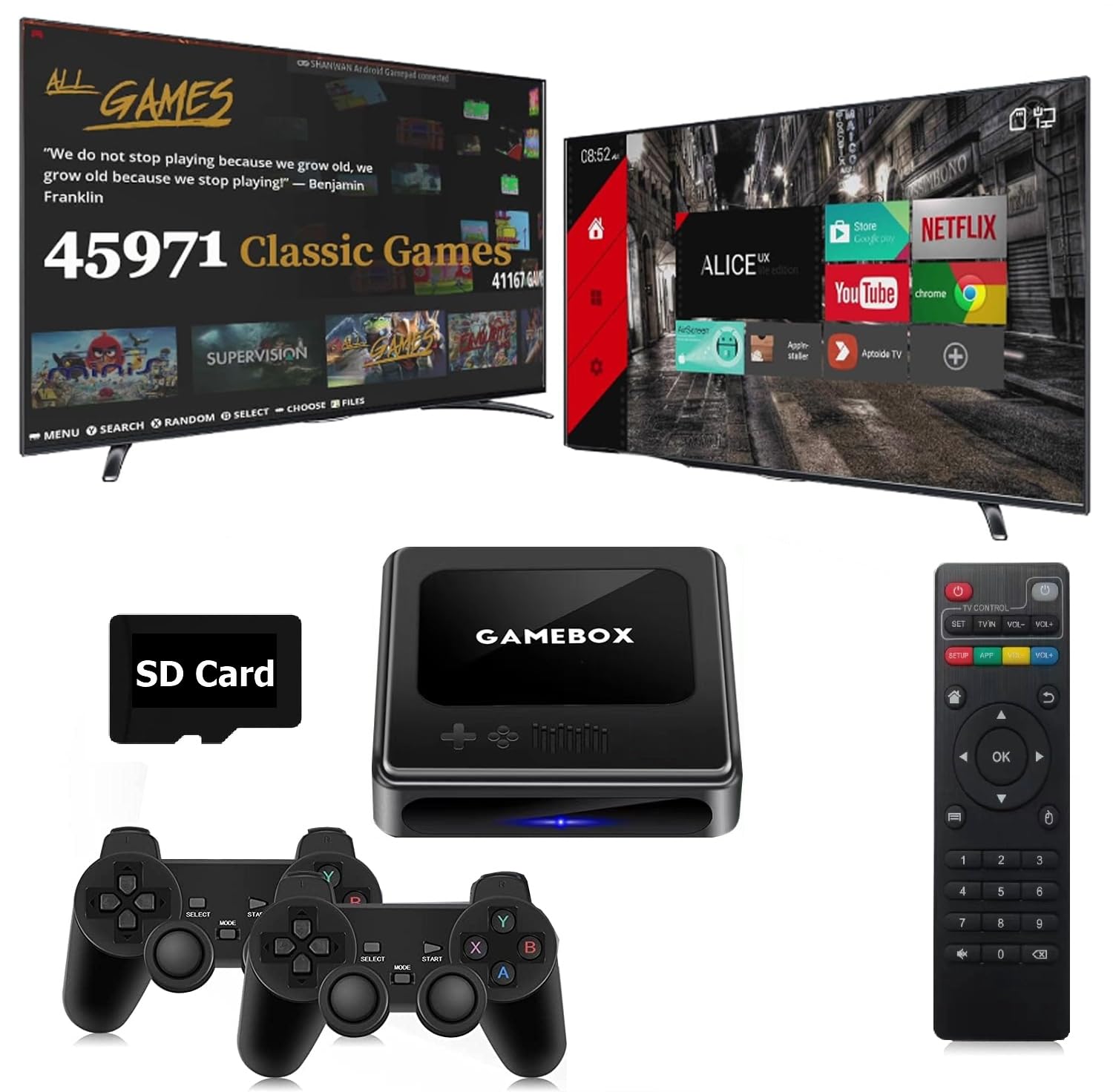 View 1 of NeekTail Retro Game & TV Super Console,with 40,000+ Games, Compatible with 40+ emulators, Game Emuelec 4.5/TV Android 9.0 Dual System, Supports 1080P,BT5.0 (256GB(50000+Games))