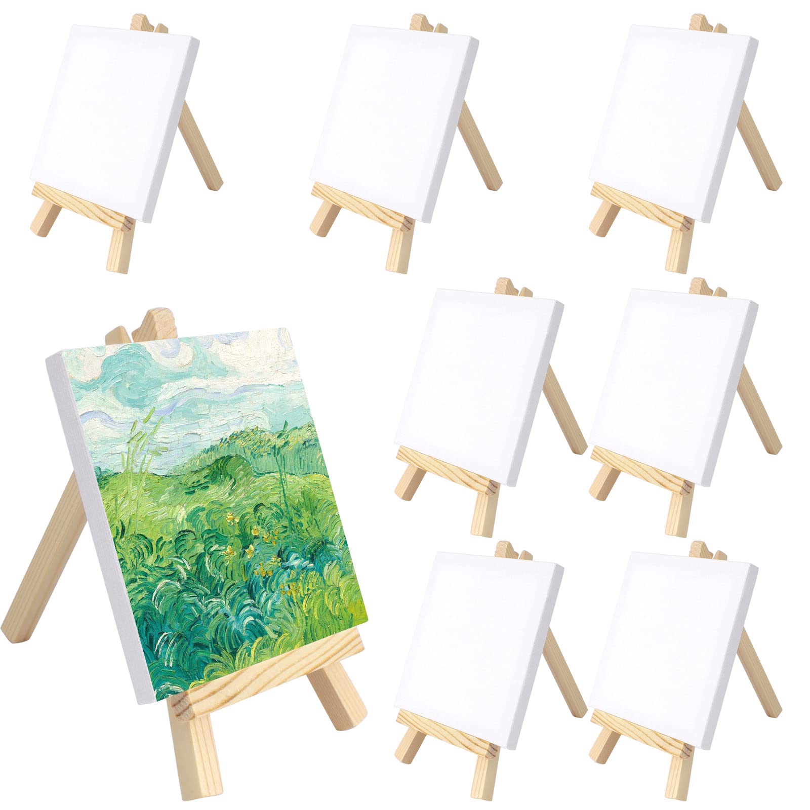 TOTSUN 8Pcs Mini Easel with Art Canvas 10x10cm, Wood Mini Easel Triangle Frame with Blank Canvas Wedding Table Card Stand Display Holder