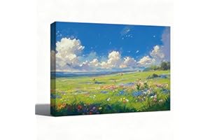 Landscape Wall Art Canvas Prints, Wildflower Meadow Under Blue Sky Oil Painting Artwork, Bright Nature Scene Wall Decor for L