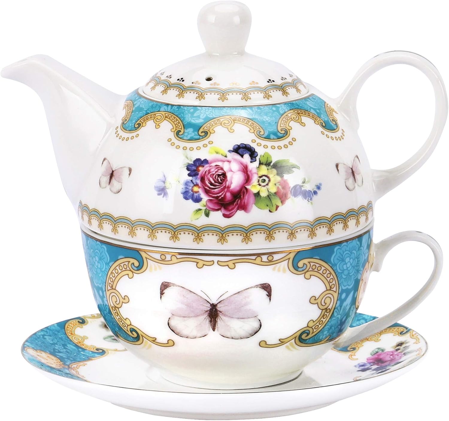 fanquare Vintage Rose Blumen Tea for One Set,Türkis Porzellan