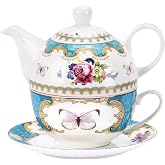 fanquare English Blue Porcelain Tea for One Set, Floral Teapot with Cup | Tea Cup and Saucer Set, Ideal for Afternoon Tea Parties Wedding Gifts and Home D&eacute;cor