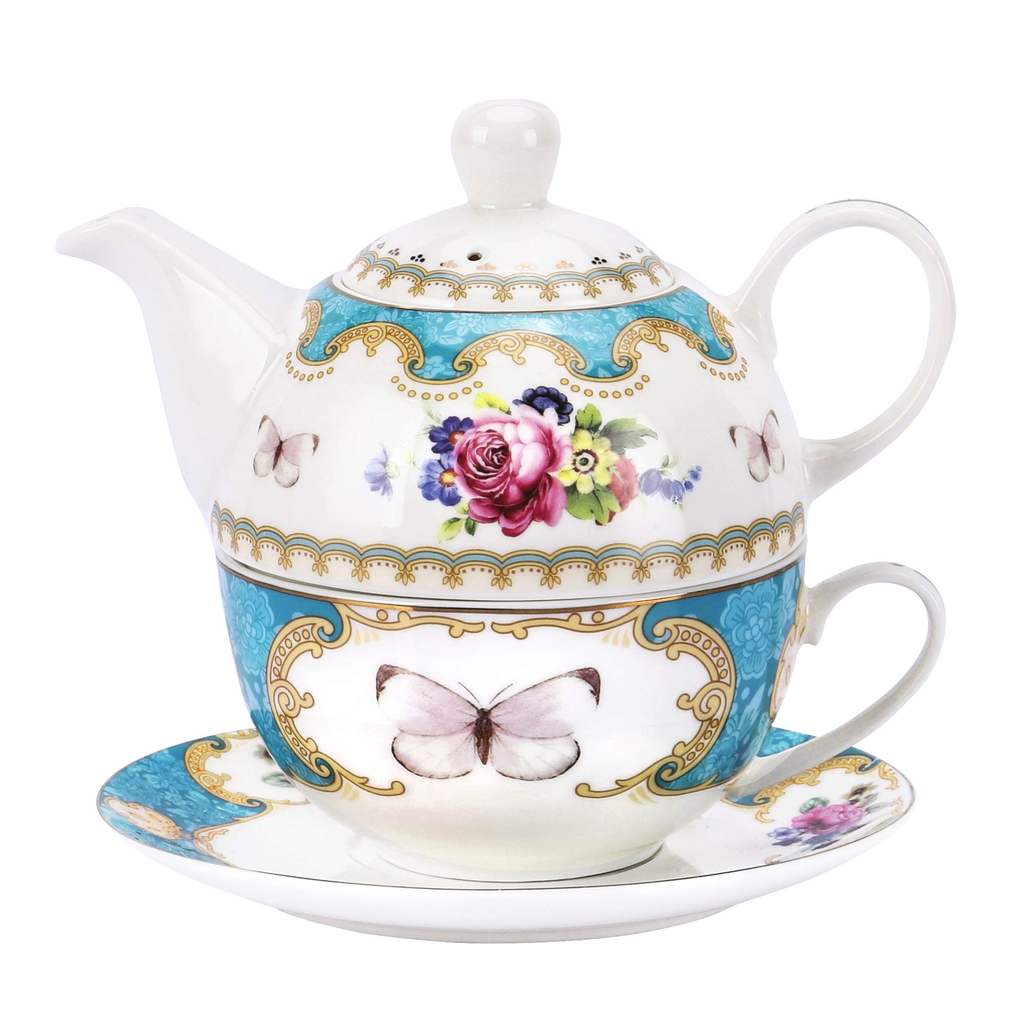 fanquare Vintage Green Rose Flowers Tea for One Set, Porcelain Teapot Cup and Saucer Set, 450ml teapot, 220ml Tea Cup