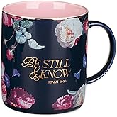 Christian Art Gifts Large Ceramic Inspirational Scripture Coffee & Tea Mug for Women: Be Still & Know Encouraging Gold Bible Verse, Lead/Cadmium Free Cute Drinkware, Dark Navy Blue/Pink Floral, 14 oz.