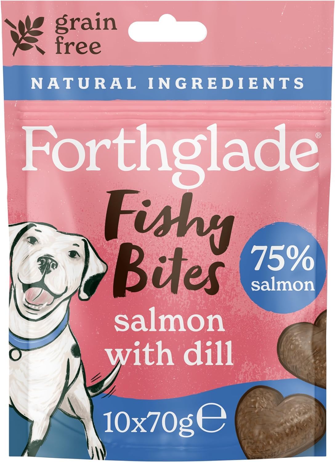 Forthglade Fishy Bites (10 x 70g Bags) - Hypoallergenic & Grain Free Dog Treats, Salmon with Dill, Natural Dog Treats with 75% Salmon, Resealable Bags