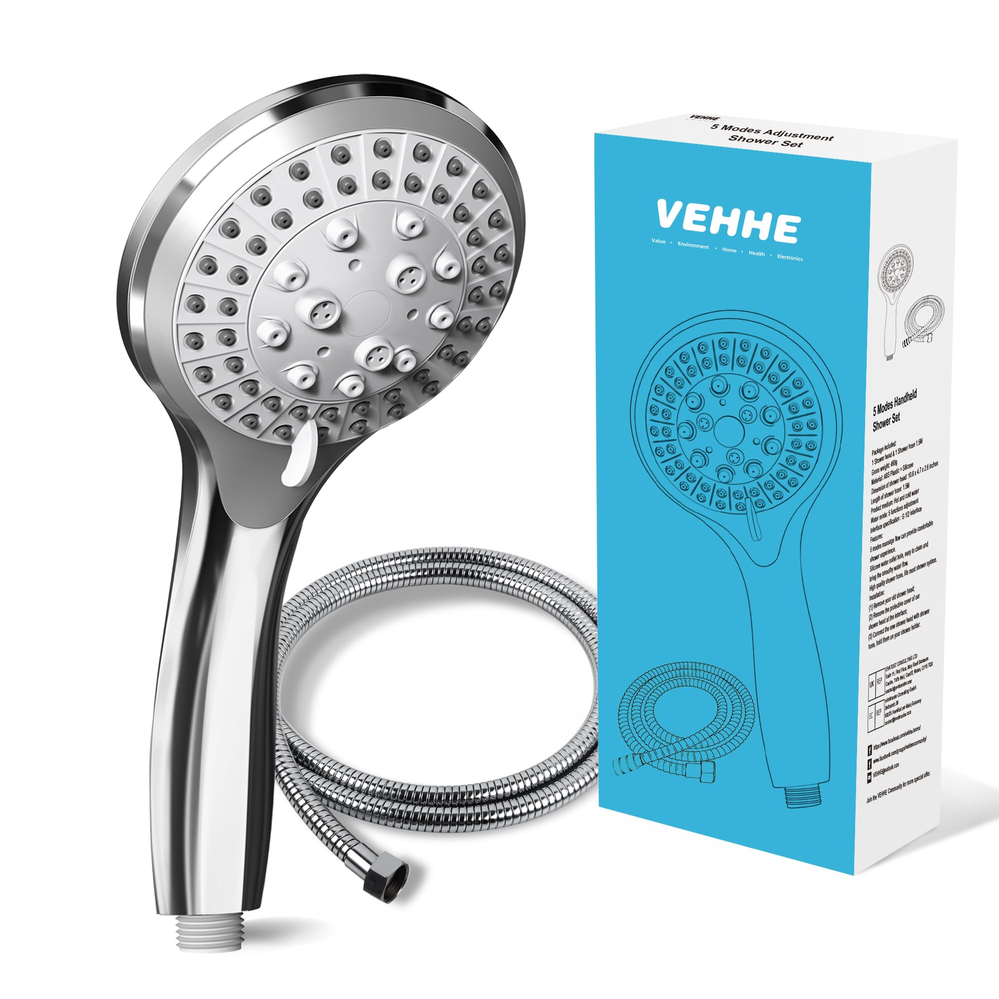 VEHHE Shower Head Powerful Flow with 1.5m Chrome Hose Pressure Boosting Shower Head Spray with 5 Modes Water Saving Bathing for Adults Children Pets Home and Gym Use