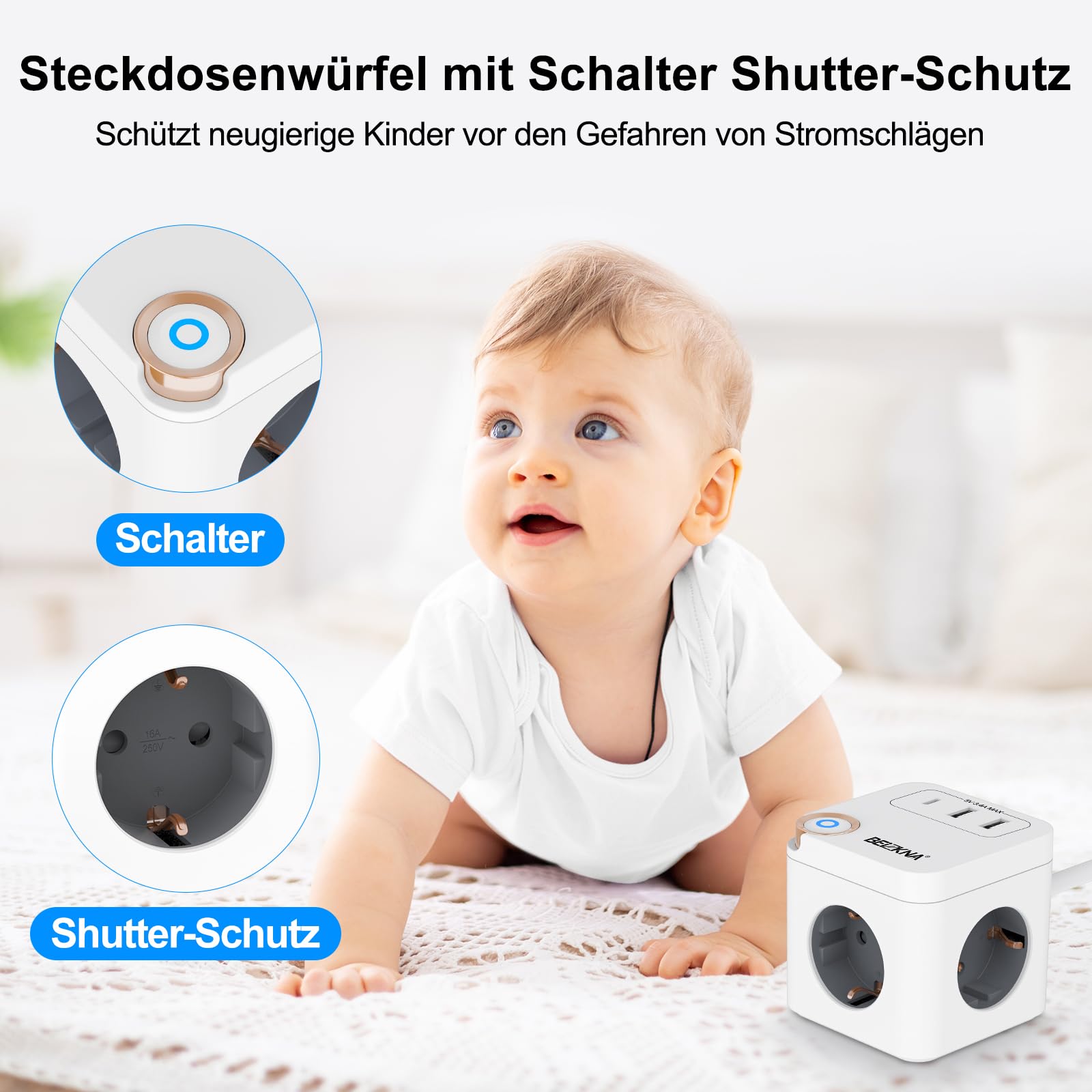 Steckdosenwürfel USB C Mehrfachsteckdose Steckdosenleiste 3-Fach Steckerleiste Überspannungsschutz Steckdose Mehrfachstecker Cube Würfel Steckdosen mit Schalter für Büro Hause 1.5M Kabel, Weiß 6