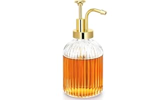 TIWPAJS Glass Coffee Syrup Dispenser 10oz, Syrup Bottles with Ribbed Design, Gold Syrup Pump, Coffee Bar Accessories, Honey Dispenser
