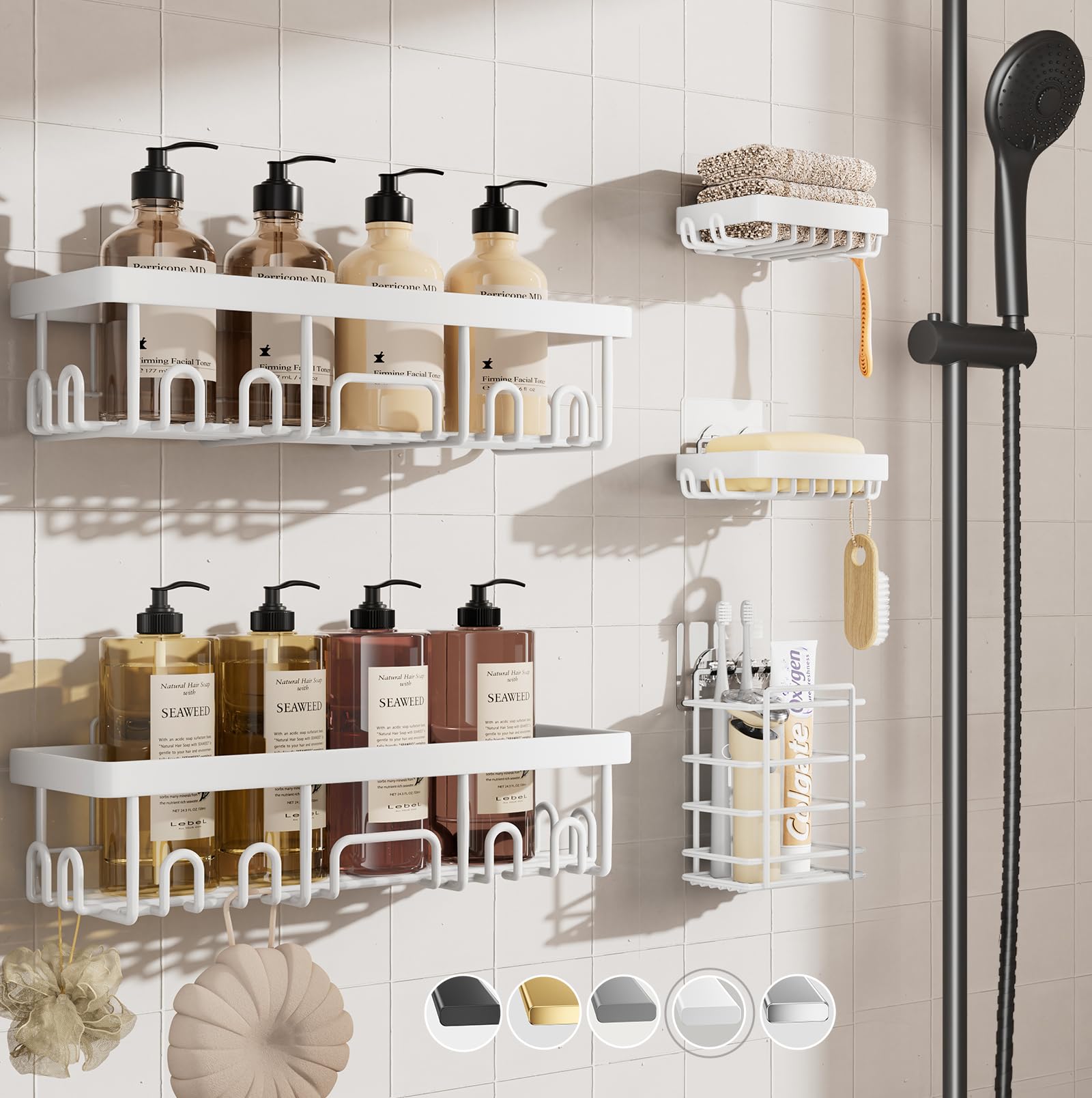 Photo 1 of Veken Adhesive Shower Caddy 5-Pack,Heavy Weight Bearing,Large Wall Mounted Shower Shelves Rack,Organizer Storage Accessories with Soap Dish&Toothbrush Holder,Ideal for Bathroom,Home&Kitchen,White