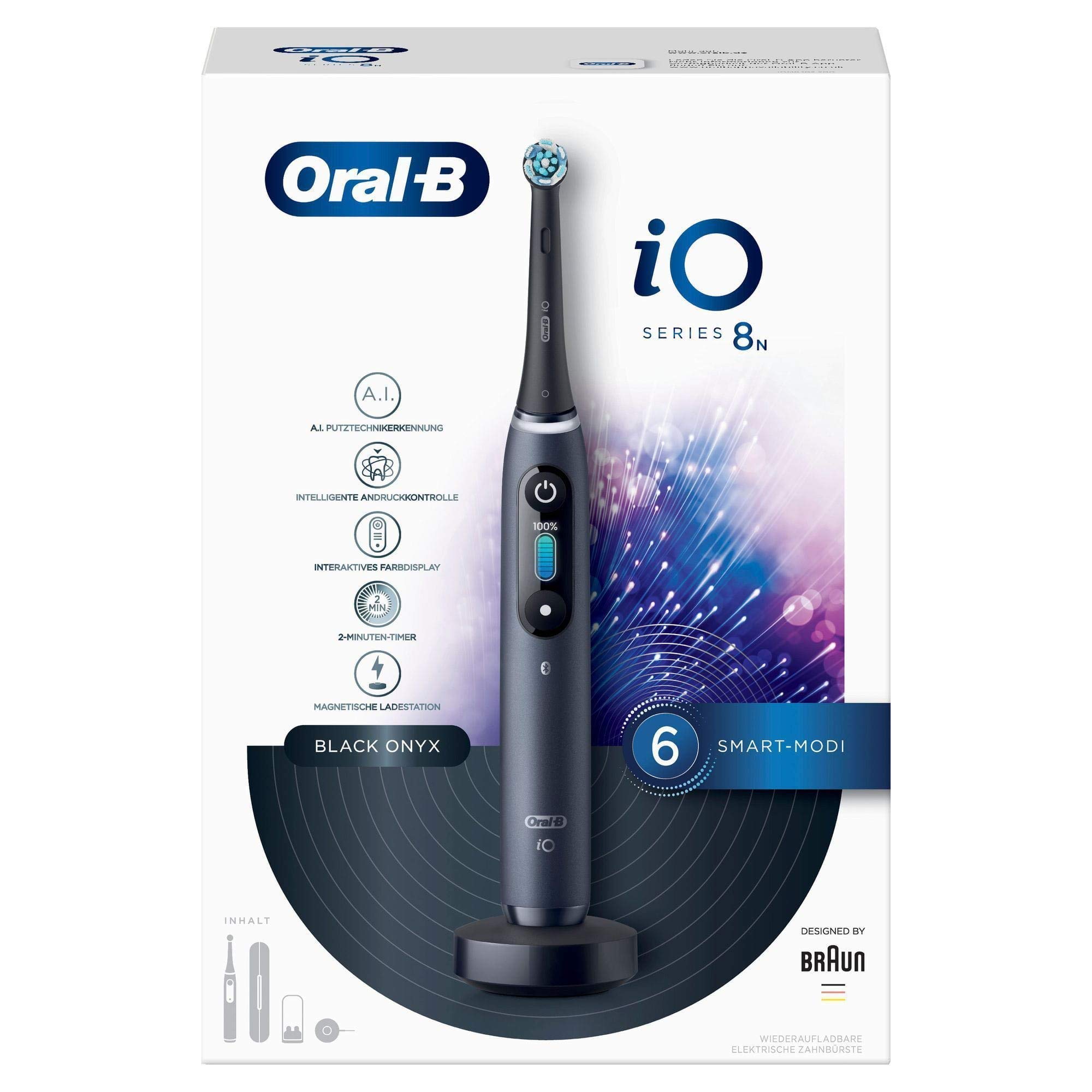 Oral-B iO Series 8 Electric Toothbrush, 6 Cleaning Modes for Dental Care, Magnetic Technology, Colour Display & Travel Case, Black Onyx