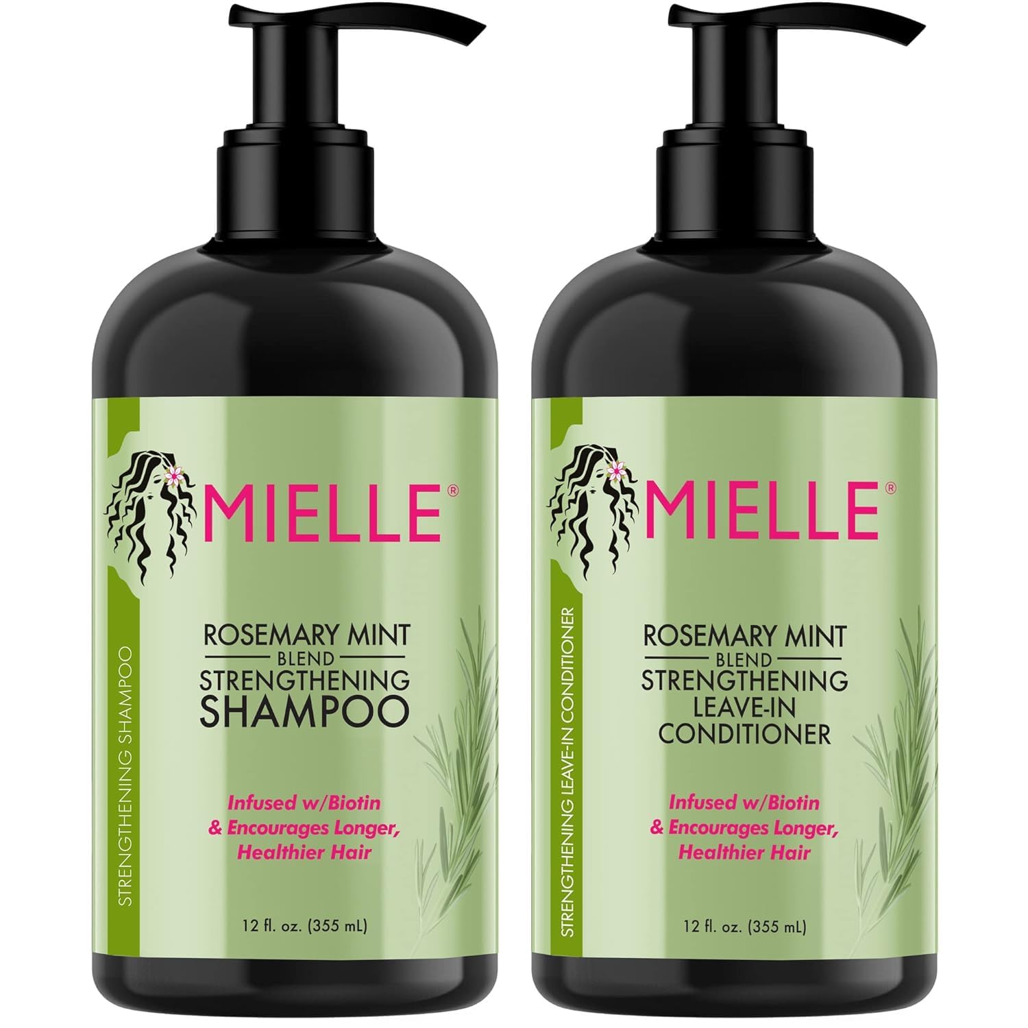 Mielle Rosemary Mint Strengthening Shampoo and Leave-In Conditioner Infused with Biotin, Cleanses and Helps Strengthen Weak and Brittle Hair, 12 Ounces