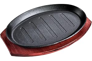 Ｂｅｓｇａ Griddle Steak Fry Plate Fajita Sizzling Pan Oval Shape with Bamboo Tray Nonstick Sizzling Steak Plate Set Hot Plate for