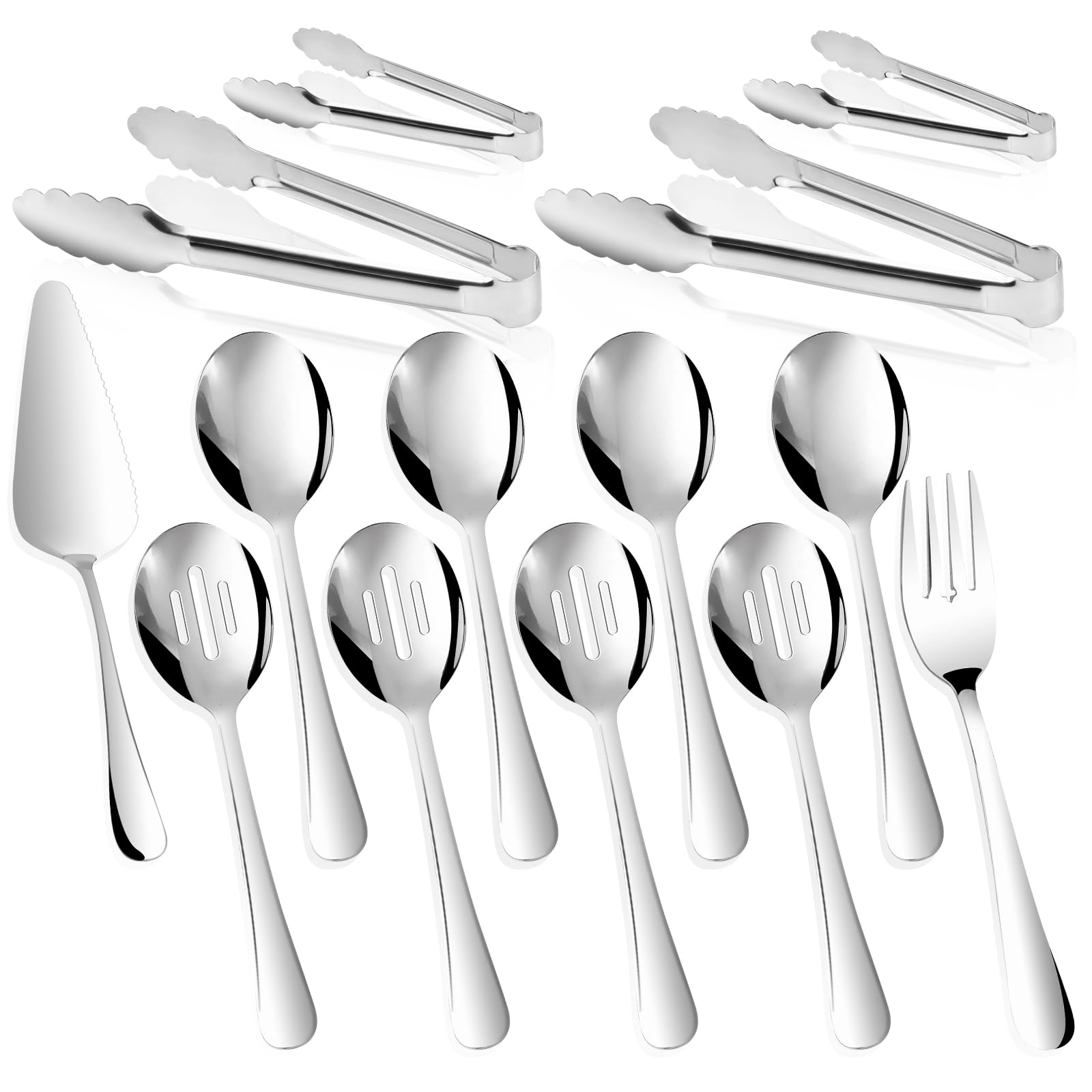 Photo 1 of 14PCS Serving Utensils - Hostess Serving Utensils Set, Premium Stainless Steel 8.7 inch Serving Utensils, Slotted Spoons, Fork, Tongs, Cake Pie Server for Buffet, Wedding, Dinner (Silver)