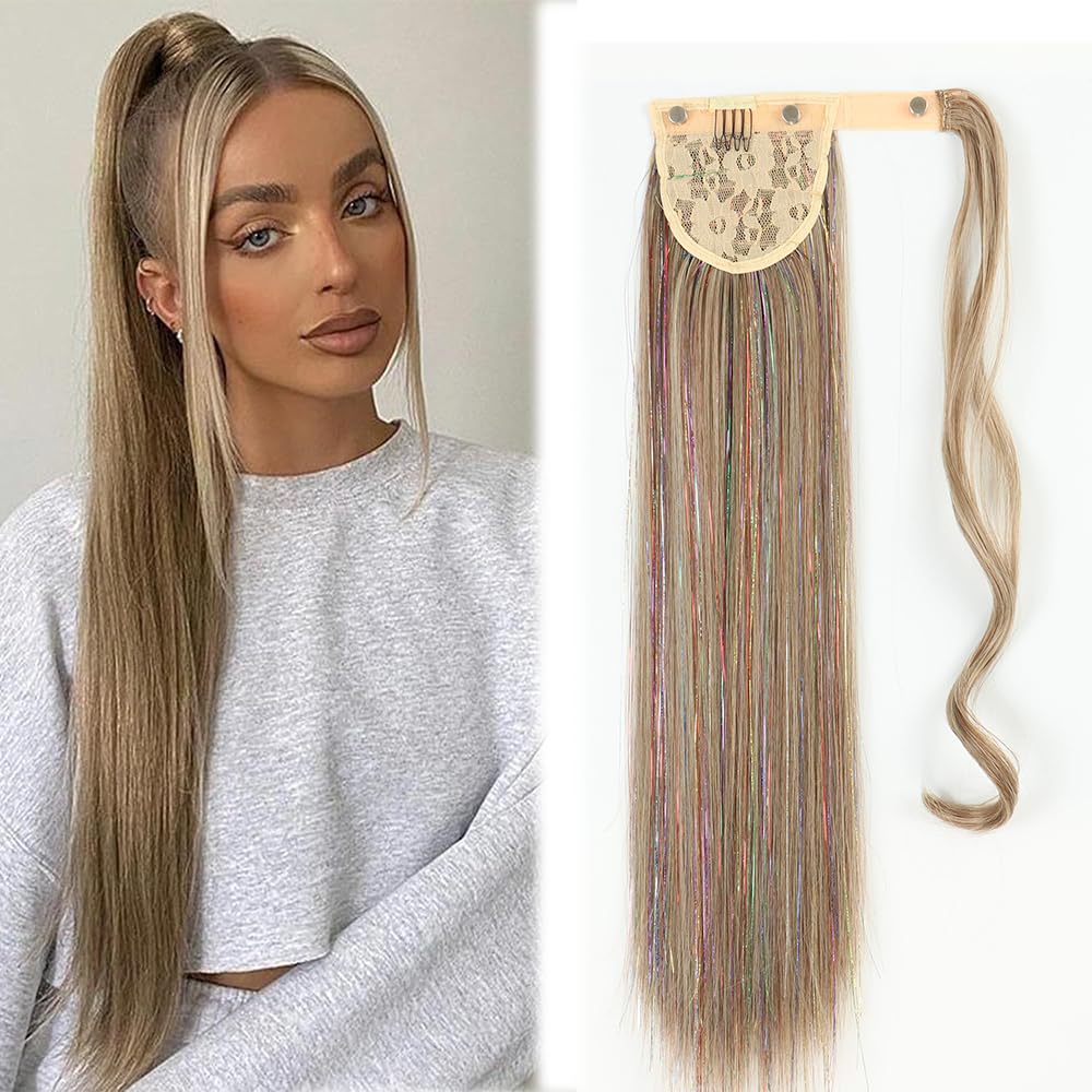 Ponytail Extension Long Straight Ponytail hair with Tinsel,Soft Natural Looking wrap around Pony Tails Hair pieces for Women Girls DIY Braids (22Inch,12H613 Medium Brown Mixing Blond） — image 1