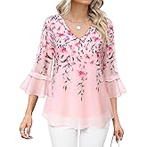 Bebonnie Womens Dressy Casual Tops Ruffle 3/4 Sleeve V Neck Floral Chiffon Blouses