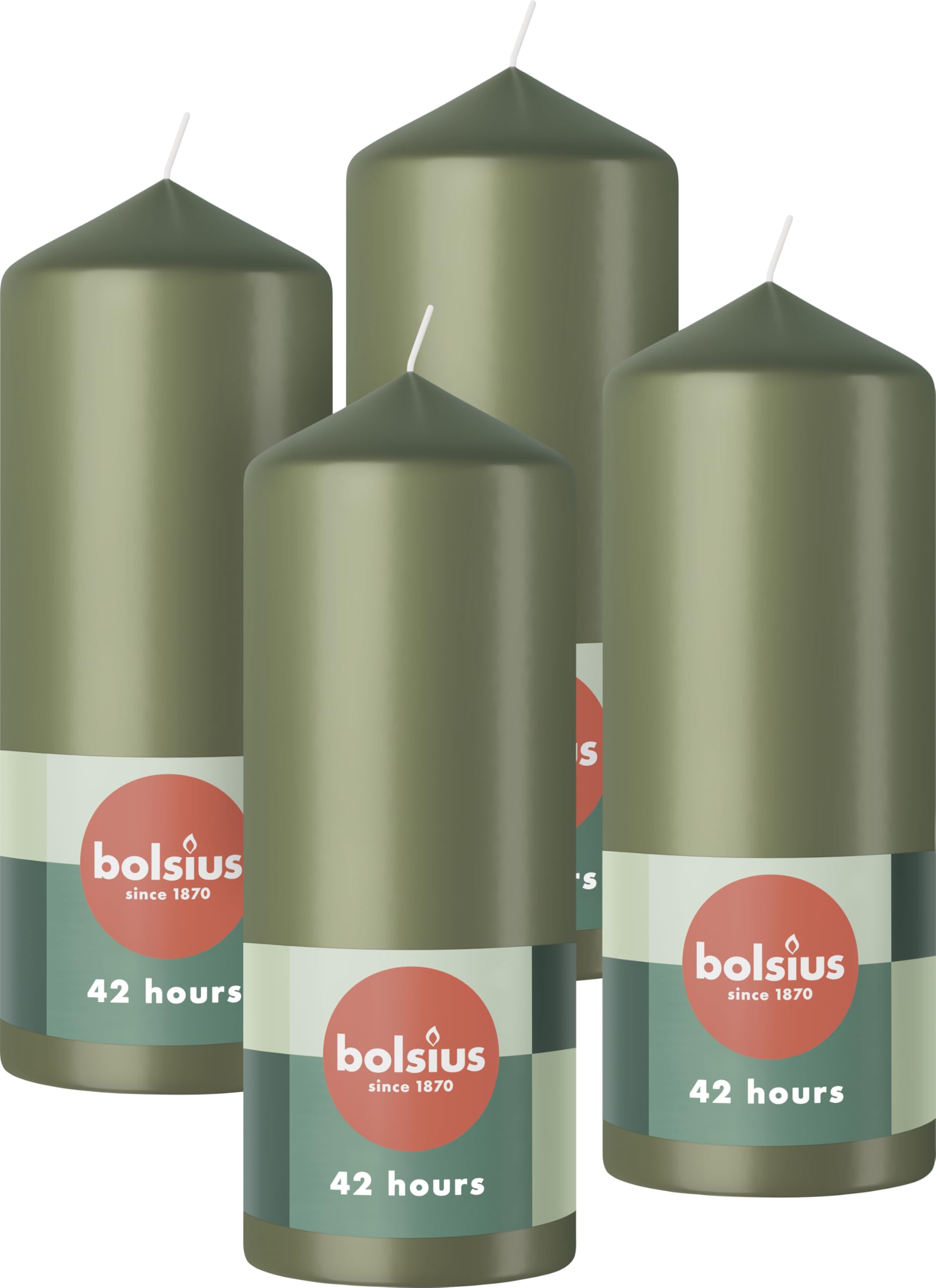 Bolsius Pillar Candles - Green - 4-Pack - 15 x 6 cm - Decorative Household Candles - Long Burning Time of 42 Hours - Unscented - Includes Natural Vegan Wax - Without Palm Oil