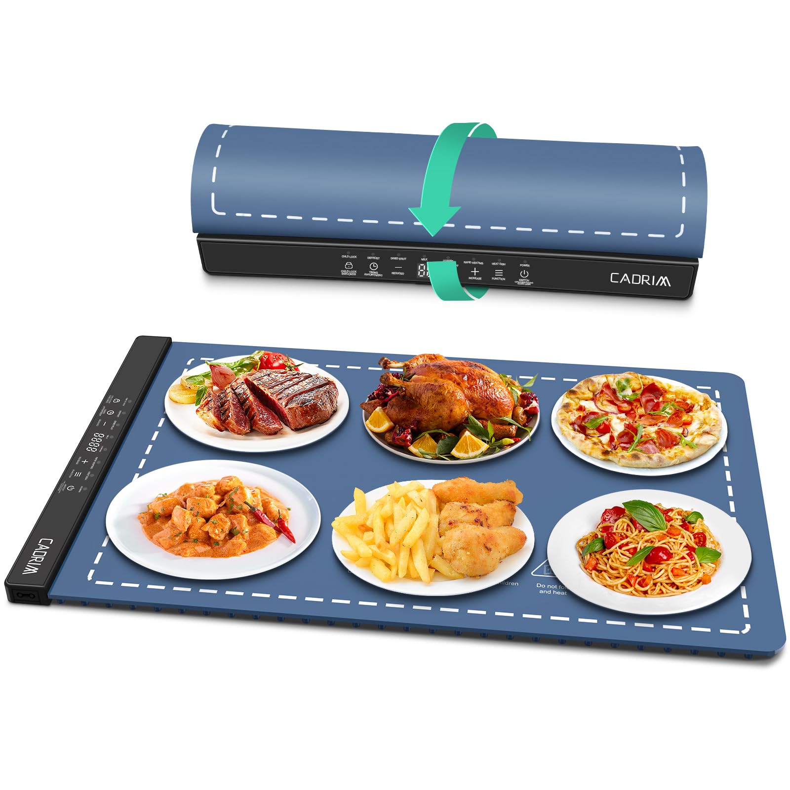 Photo 1 of Cadrim Warming Mat For Food, Electric Warming Tray With Adjustable Temperature, 6 Work Modes Food Warming Mat Fast Heating For Buffet, Family Gatherings, Holidays, Countertop, Parties, Travel (Blue)