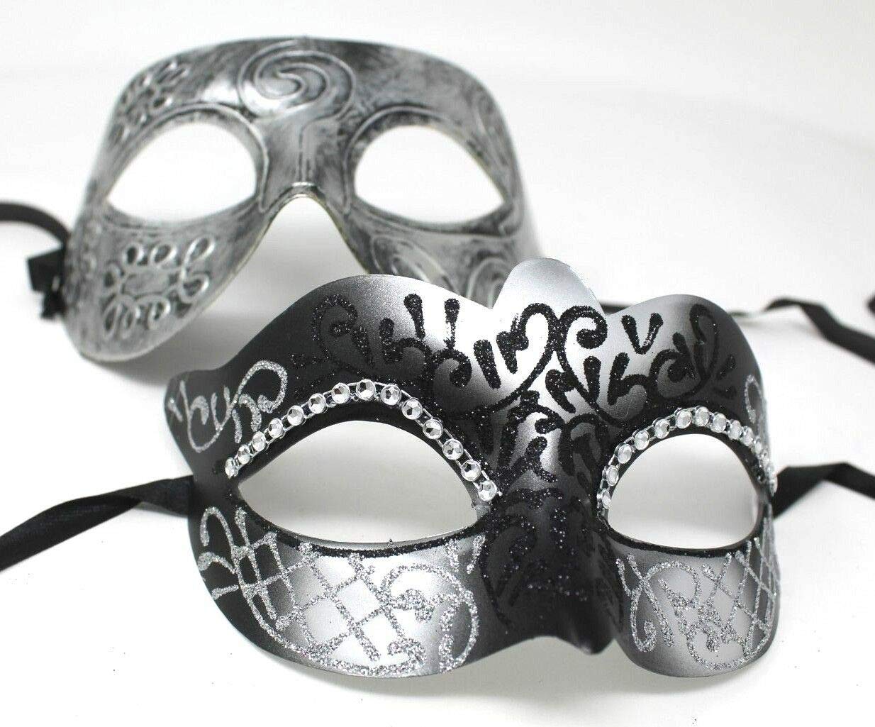 HIS N HERS PAIR OF CO-ORDINATED SILVER & BLACK COUPLES VENETIAN MASQUERADE CARNIVAL PARTY BALL EYE MASKS