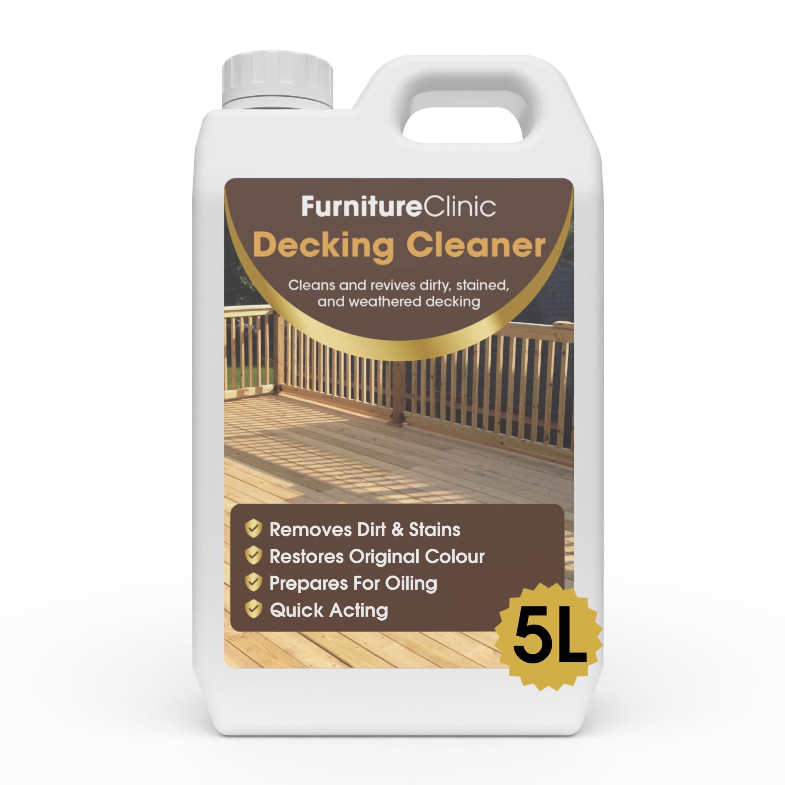 Furniture Clinic 5L Decking Cleaner for Wood - Weathered Deck Cleaner, Stain Remover & Restorer - Clean & Remove Dirt & Algae from Wooden Garden Patio Surfaces