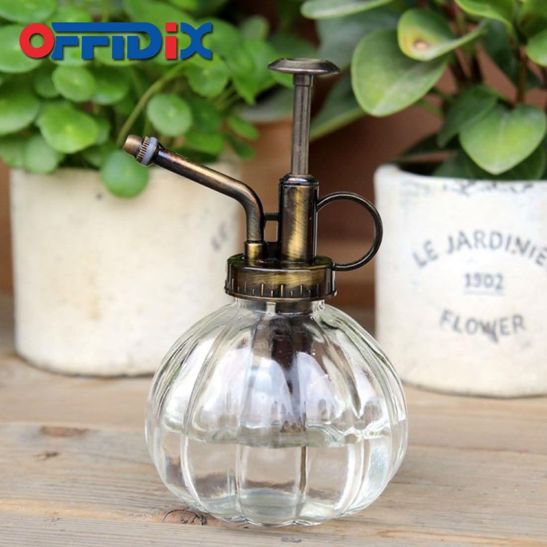 OFFIDIX Transparent Glass Watering Spray Bottle, 6.3 Inches Tall Vintage Style Spritzer Bronze Plastic Top Pump One Hand Watering Can Glass Spary Bottle Plant Mister Glass Watering Can Indoor : Garden & Outdoor