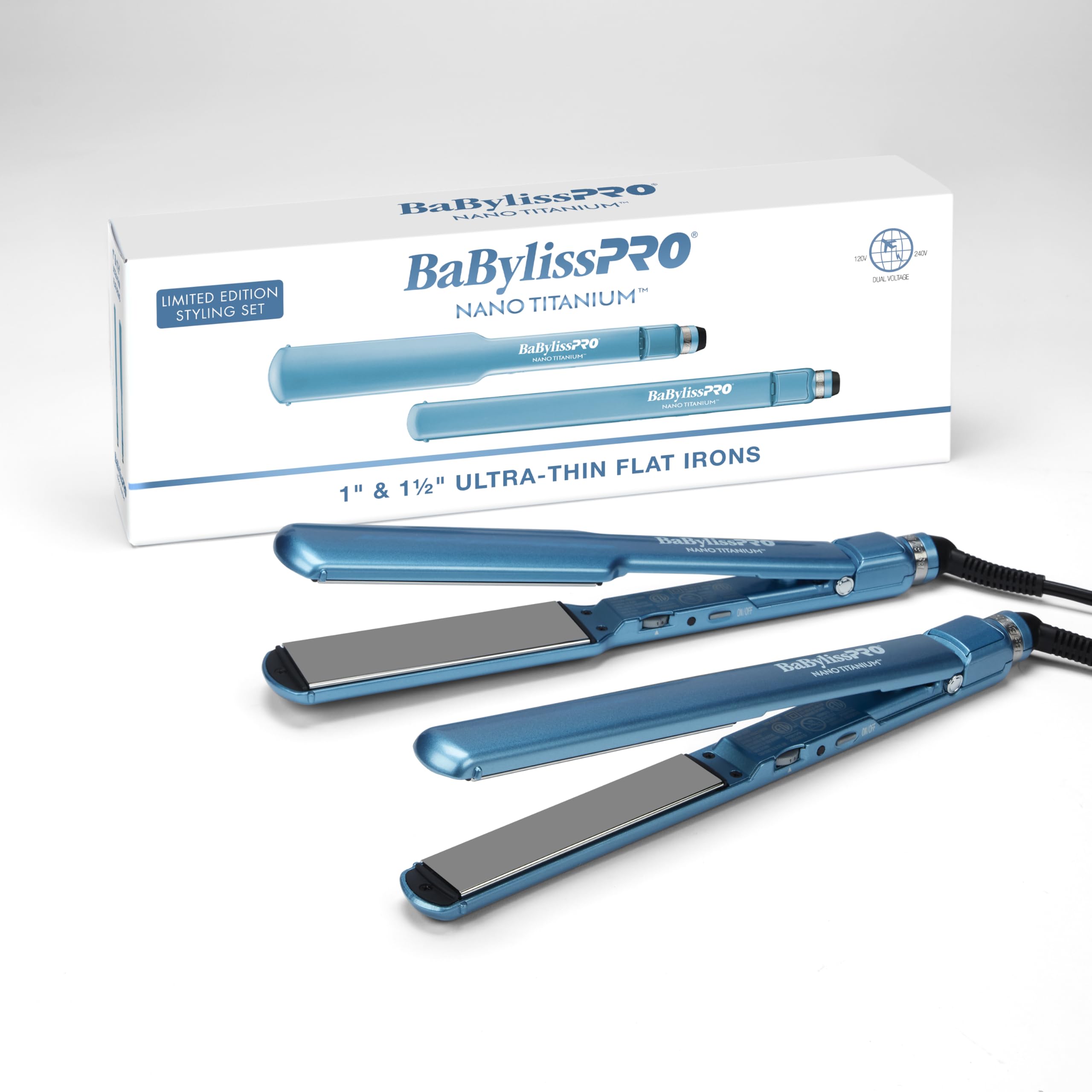 Photo 1 of BaBylissPRO Flat Iron Hair Straightener, 1 Inch & 1-1/2 Inch Nano Titanium Prepack, Hair Styling Tools & Appliances, BNTPP57UC, Blue