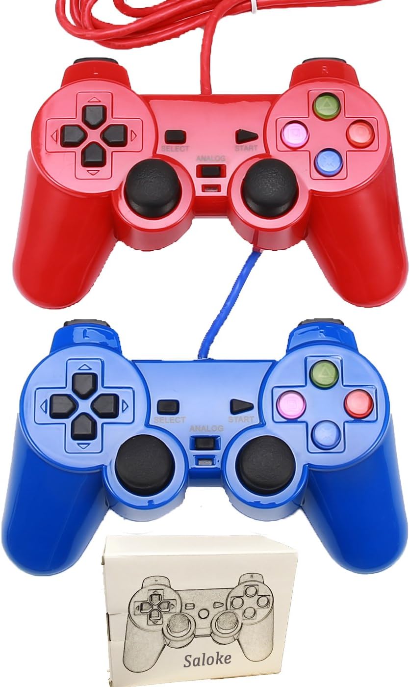 Saloke 2 Packs Wired Gaming Controller Ps2 Double Shock (Red Blue)