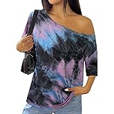 SOFIA'S CHOICE Women's Summer Off The Shoulder Tops Tie Dye Shirts Short Sleeve Oversized Tshirts