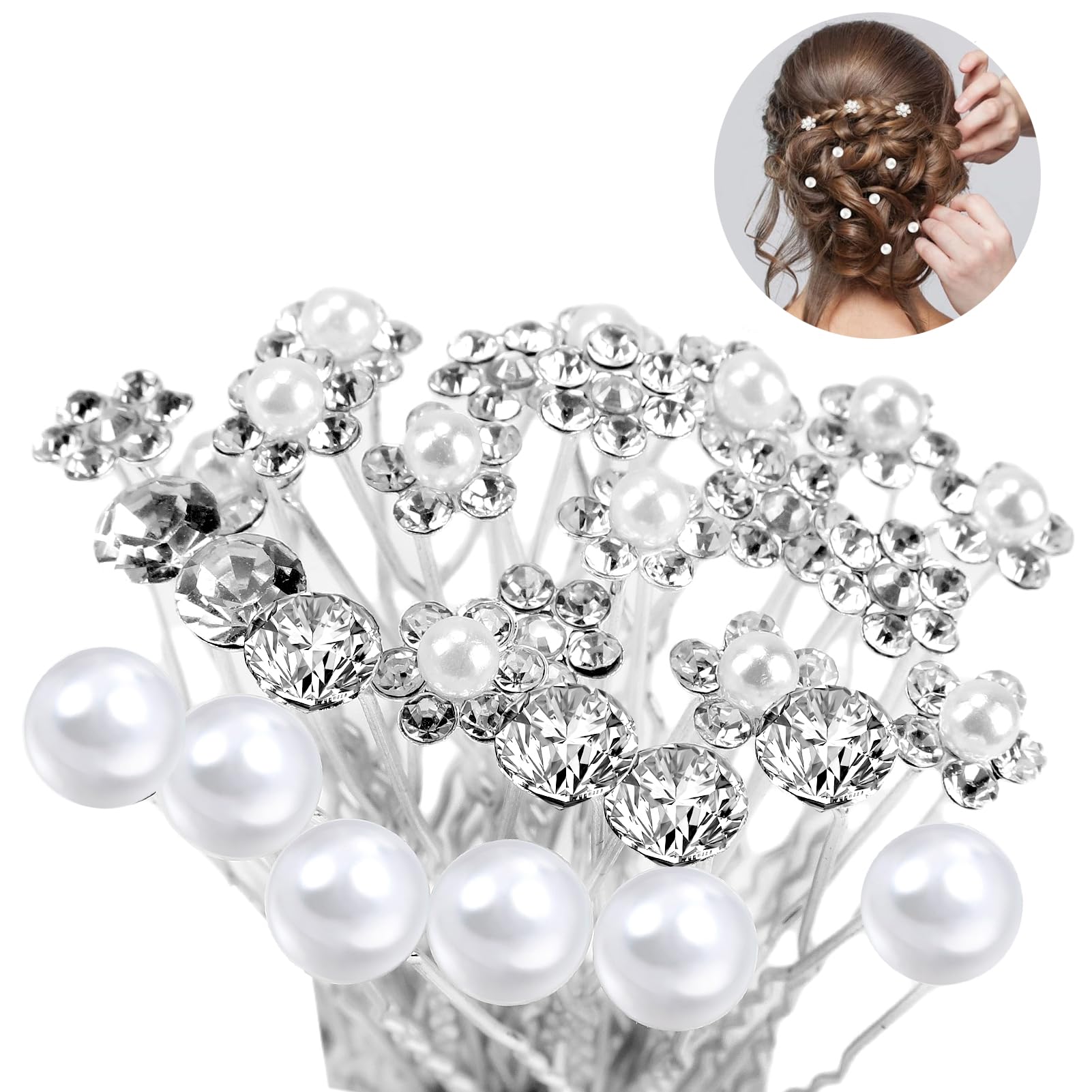 30 Pcs Pearl Hair Pins, Bridal Vintage Wedding Crystal Rhinestone U Shaped Diamond Hair Clips, Flowers Hairpins Bridesmaid Hair Accessories for Bridal Weddings Women Girls Bridesmaids Prom Party