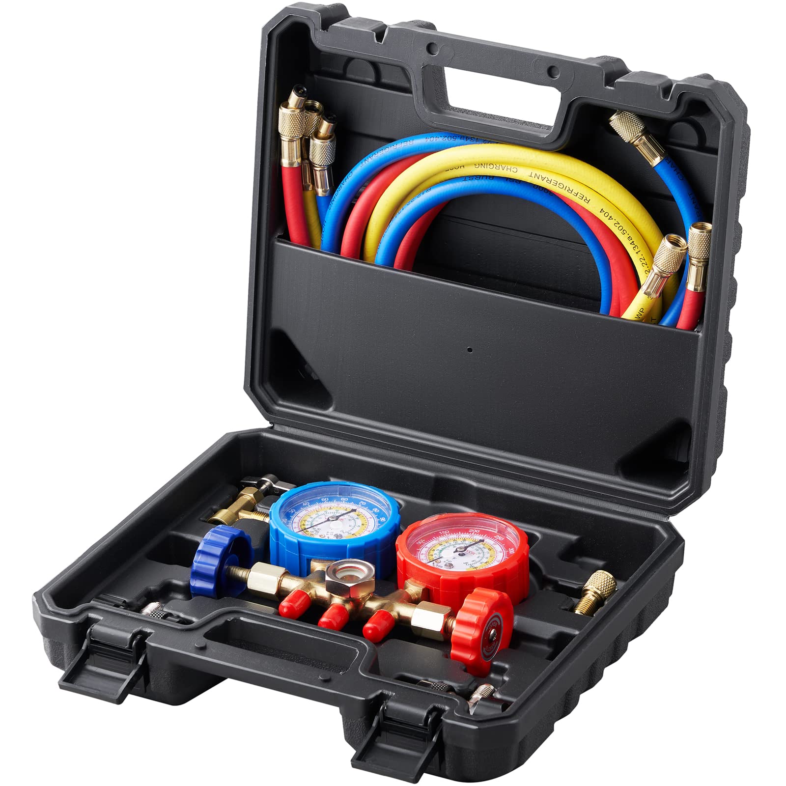 Photo 1 of AC Gauge Set, 3-Way AC Manifold Gauge Set for R134A, R22, R12, R502 Refrigerants – Freon Gauges Include 5 ft Hoses, Couplers, and Can Tap for Car Auto Freon Charging and Evacuation