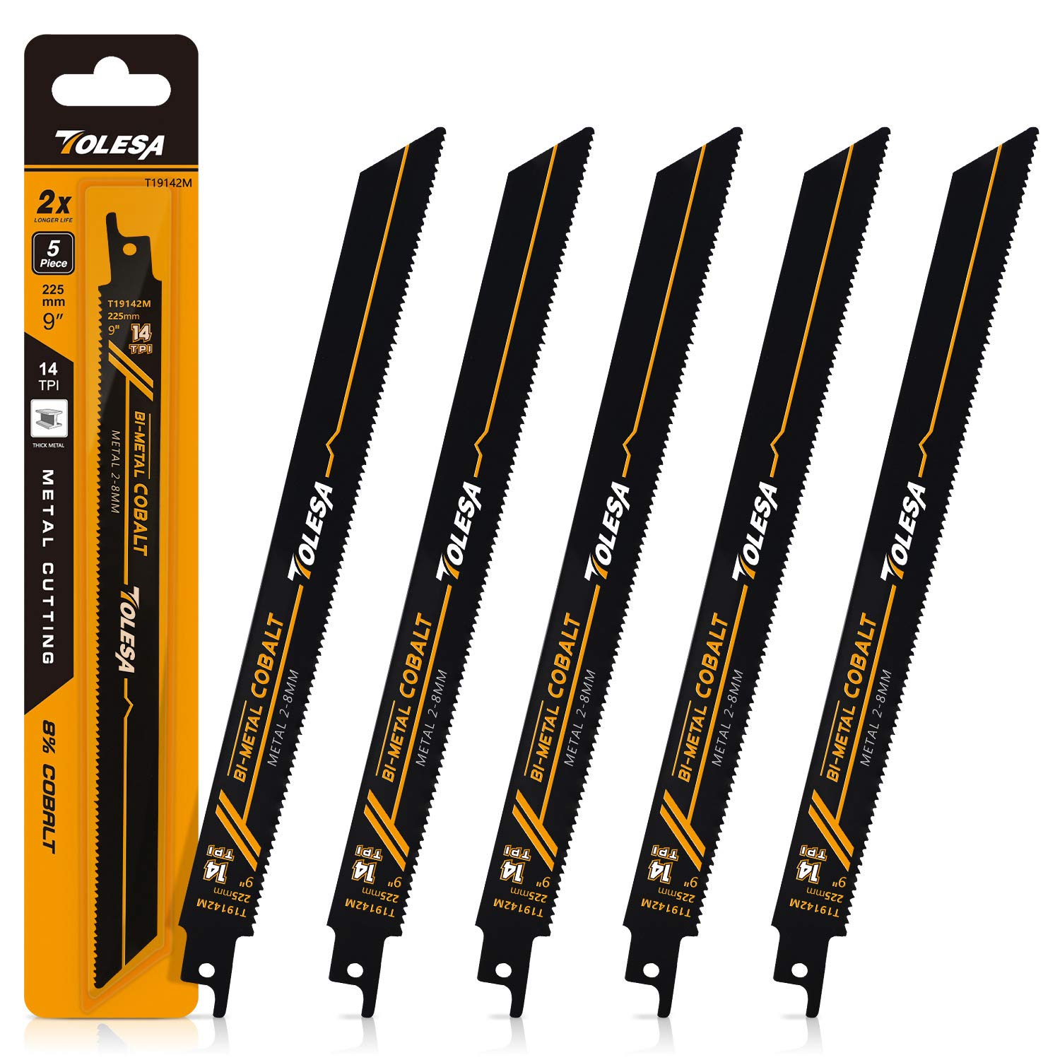 TOLESA Heavy Metal Cutting Reciprocating Saw Accessories 225mm 14TPI for Pipe, Sheet, Rebar, Bi-Metal Sabre Saw Accessories Better Wear Resistance 5 Pack