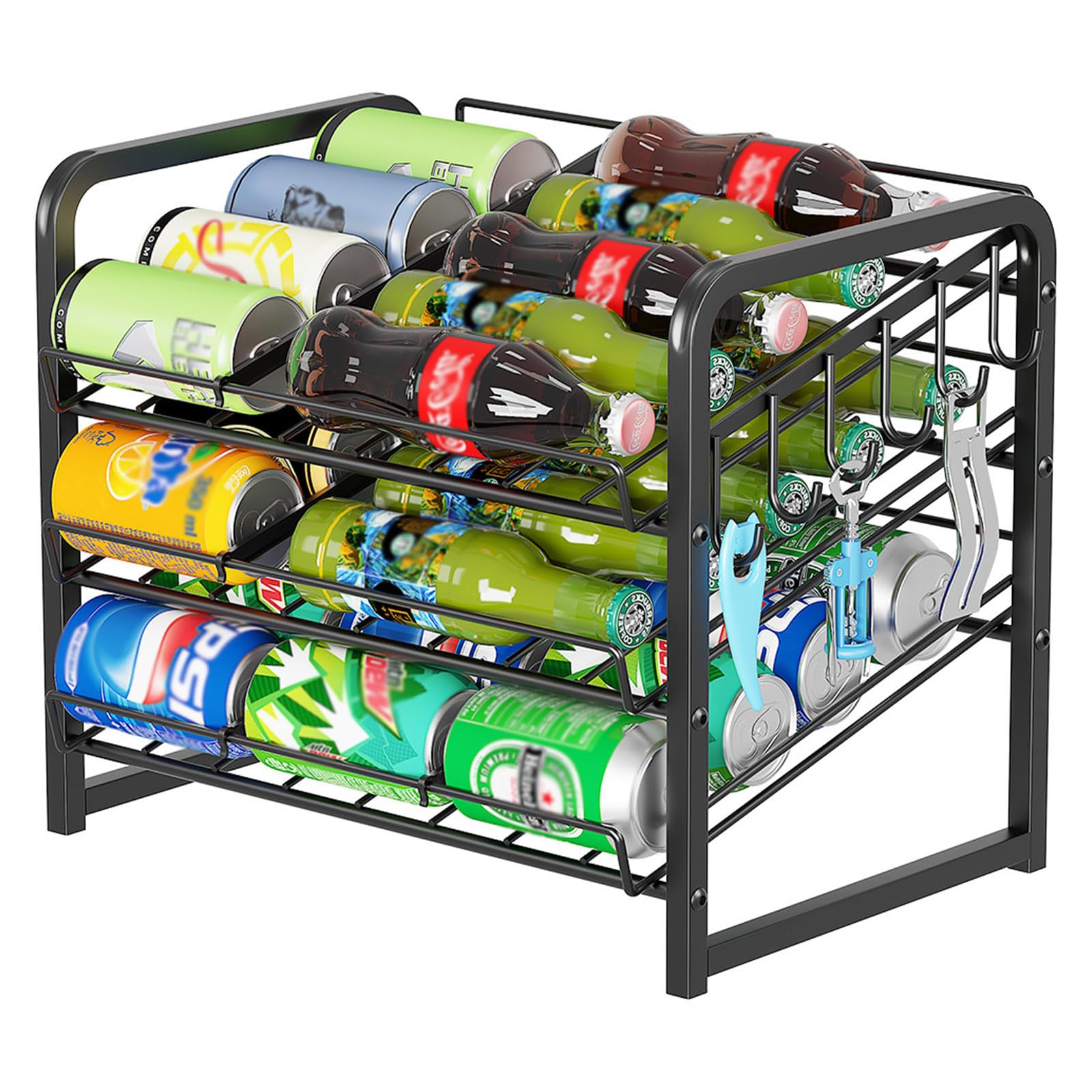 Cyiecw Standing Shelf, Can Rack Organiser, 3 Levels, Stackable Can Dispenser with 6 Hooks, Good Can Organiser for Kitchen Cabinet, Worktops, Pantry, Can Storage for 36 Cans