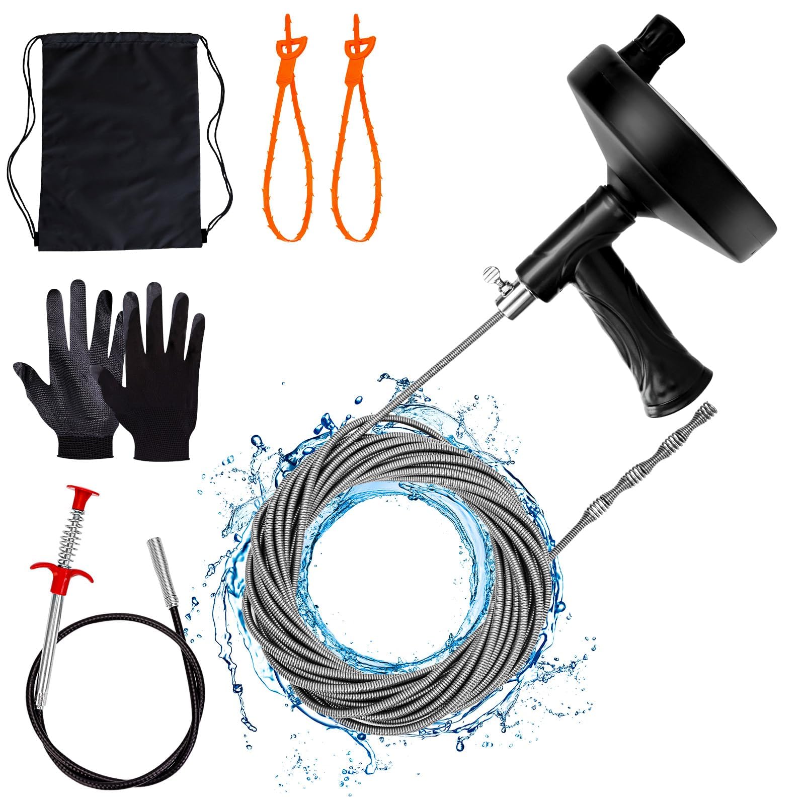 Photo 1 of Ginbel Direct Drain Auger 33 ft, Plumbing Snake Hair Clog Remover Drain Snake Flexible Grabber Heavy Duty Sink Cleaner Tools for Shower Bathtub Bathroom Kitchen Pipe, Black