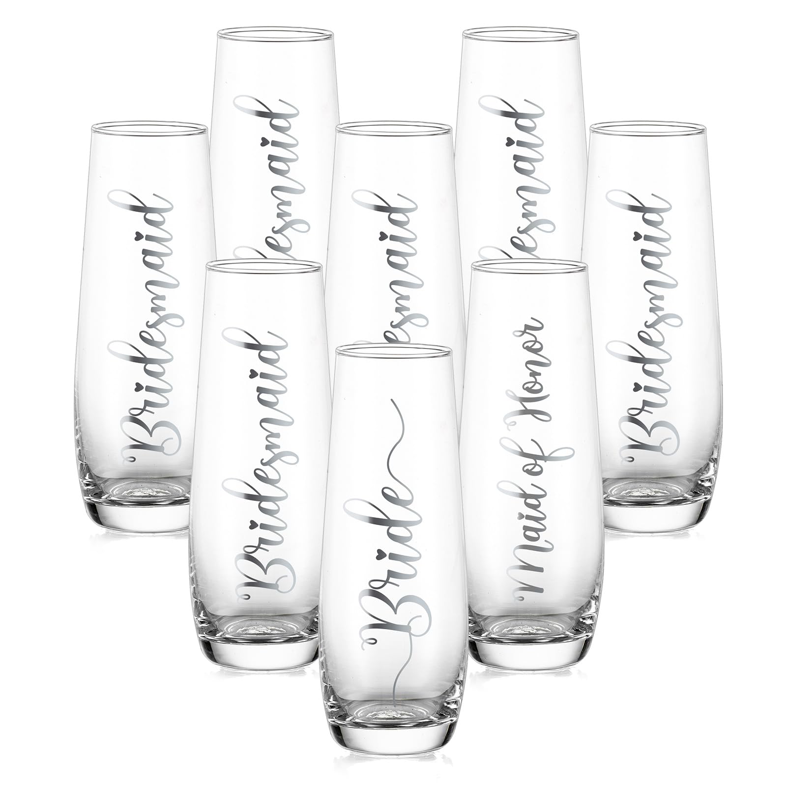 NUPTIO Champagne Glasses Bridal Shower Gift: Set of 8 Stemless Party Prosecco Flutes Tumbler Bride Bridesmaid Maid of Honor Wedding Clear Silver Embossed