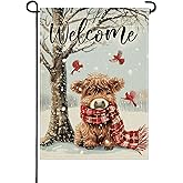 Artofy Welcome Winter Highland Cow Small Decorative Garden Flag, Snowy Farmhouse Tree Cardinal Yard Lawn Outside Decor, Rustic Christmas Burlap Outdoor Home Decoration Double Sided 12 x 18