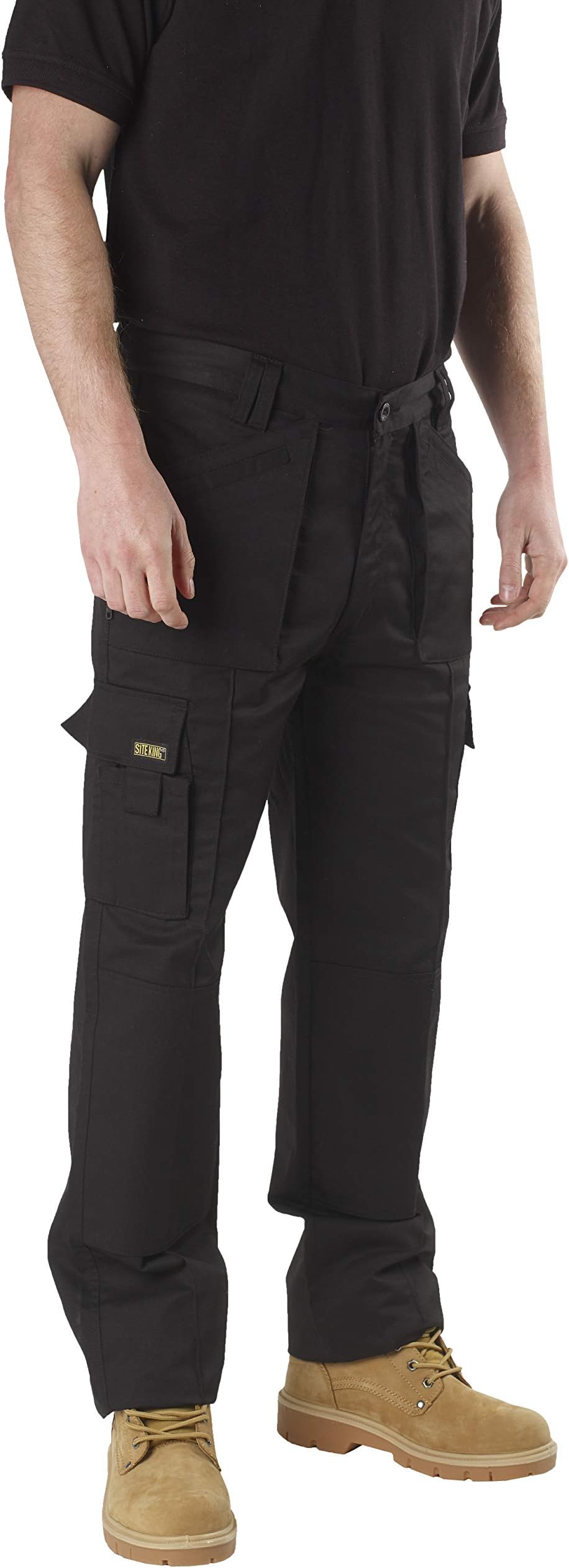 SITE KINGMens Multi Pocket Cargo Combat Work Trousers Size 28 to 52 with Knee Pad Pockets, Black Cargo Trousers for Men UK, Utility Work Trousers Men.