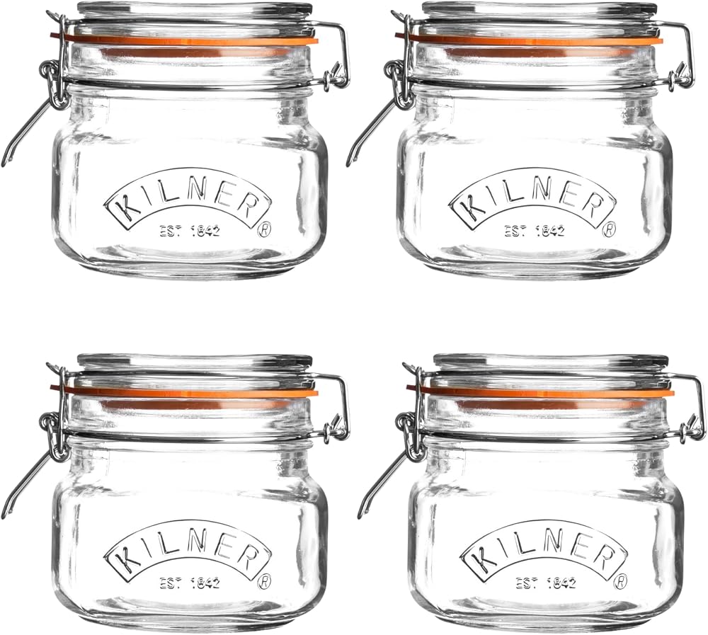 Kilner Square Clip Top Jar Set of 4 0.5 Litre Airtight Glass Jars