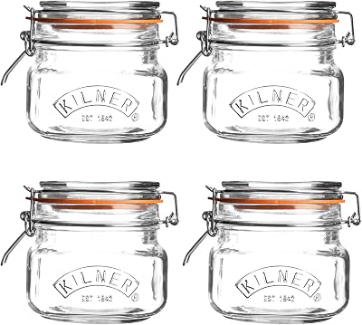 Kilner Square Clip Top Jar Set of 4 0.5 Litre Airtight Glass Jars