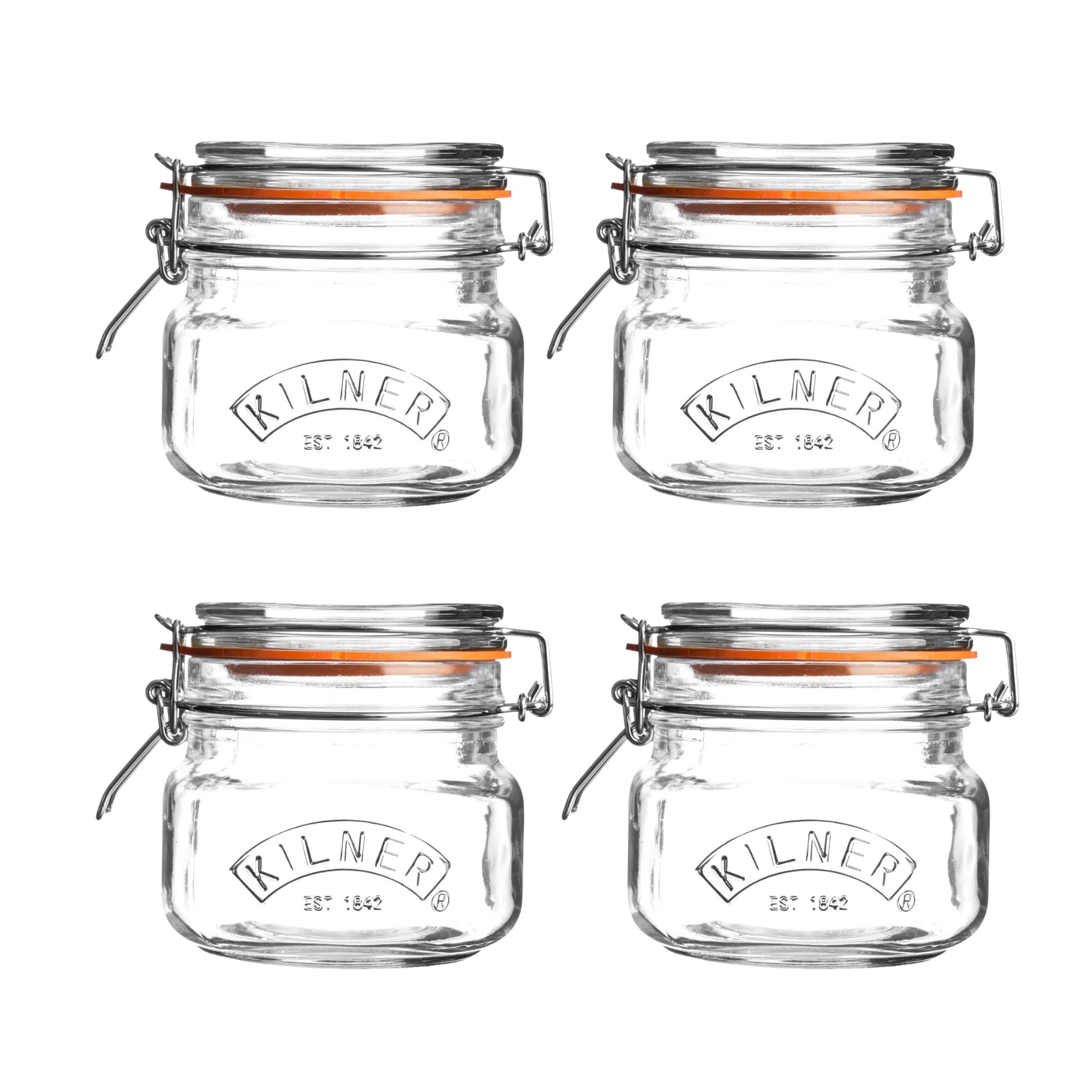 Kilner Square Clip Top Jar Set of 4, 0.5 Litre (500ml) Airtight Glass Jars for Preserving Pickling and Pantry Storage BPA-Free Dishwasher Safe Durable