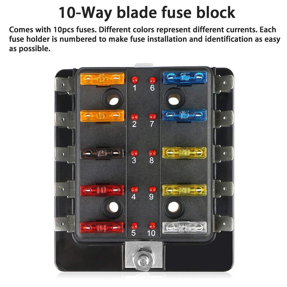 10 Way Blade Fuse Box Holder, LinkStyle Automotive Fuse Block Box Holder DC  32V with LED Warning Light Kit for Car Boat Marine Trike - - Amazon.com