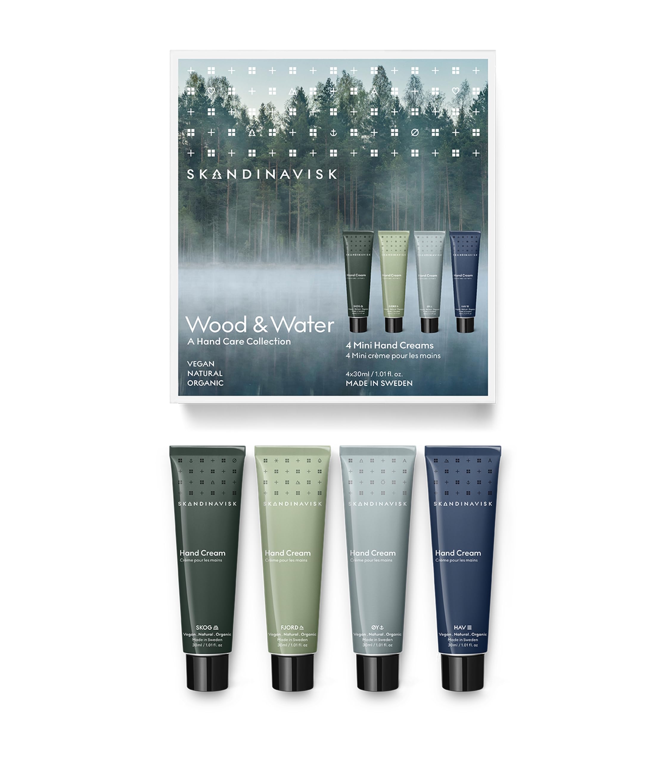 Skandinavisk Wood & Water Giftset of 4 Mini Handcreams. SKOG 'Forest', FJORD, ØY 'Island' and HAV 'Sea'. Vegan Formula, 30 ml x 4